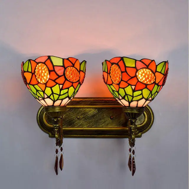 Tiffany Alloy Resin Bedroom Bedsides Wall Lamp Mediterranean Colorful Glass Lampshade Stair Case Tawny Crystal Wall Lights