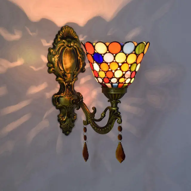 Tiffany Alloy Resin Bedroom Bedsides Wall Lamp Mediterranean Colorful Glass Lampshade Stair Case Tawny Crystal Wall Lights