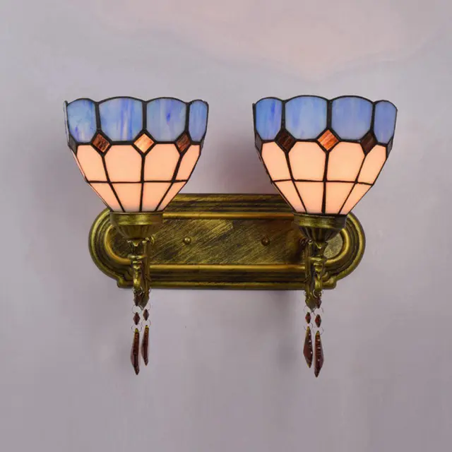 Tiffany Alloy Resin Bedroom Bedsides Wall Lamp Mediterranean Colorful Glass Lampshade Stair Case Tawny Crystal Wall Lights