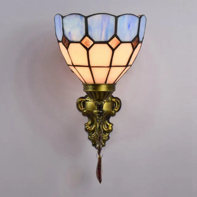 Tiffany Alloy Resin Bedroom Bedsides Wall Lamp Mediterranean Colorful Glass Lampshade Stair Case Tawny Crystal Wall Lights