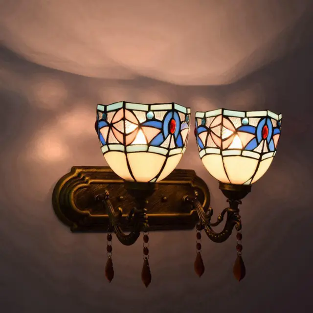 Tiffany Alloy Resin Bedroom Bedsides Wall Lamp Mediterranean Colorful Glass Lampshade Stair Case Tawny Crystal Wall Lights