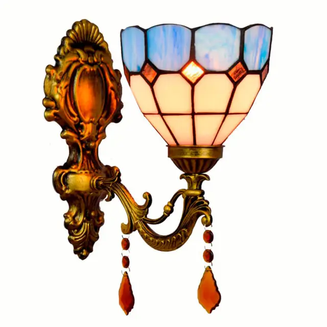 Tiffany Alloy Resin Bedroom Bedsides Wall Lamp Mediterranean Colorful Glass Lampshade Stair Case Tawny Crystal Wall Lights