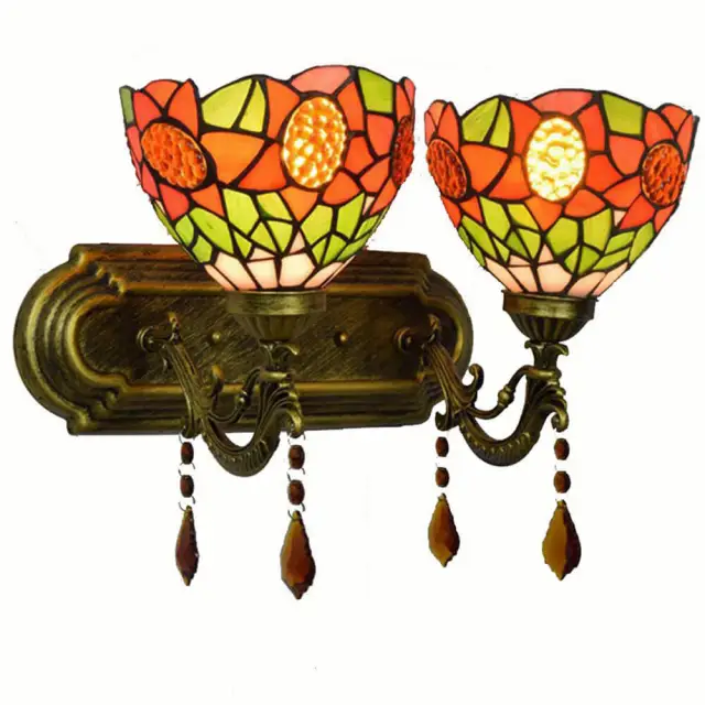 Tiffany Alloy Resin Bedroom Bedsides Wall Lamp Mediterranean Colorful Glass Lampshade Stair Case Tawny Crystal Wall Lights