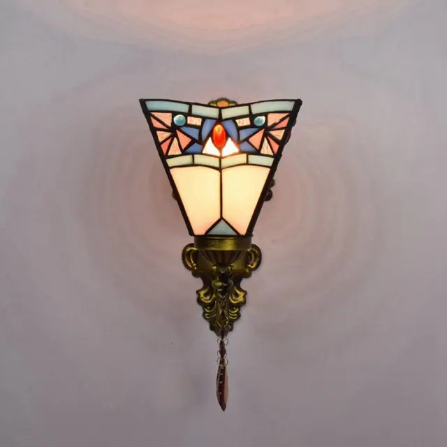 Tiffany Alloy Resin Bedroom Bedsides Wall Lamp Mediterranean Colorful Glass Lampshade Stair Case Tawny Crystal Wall Lights