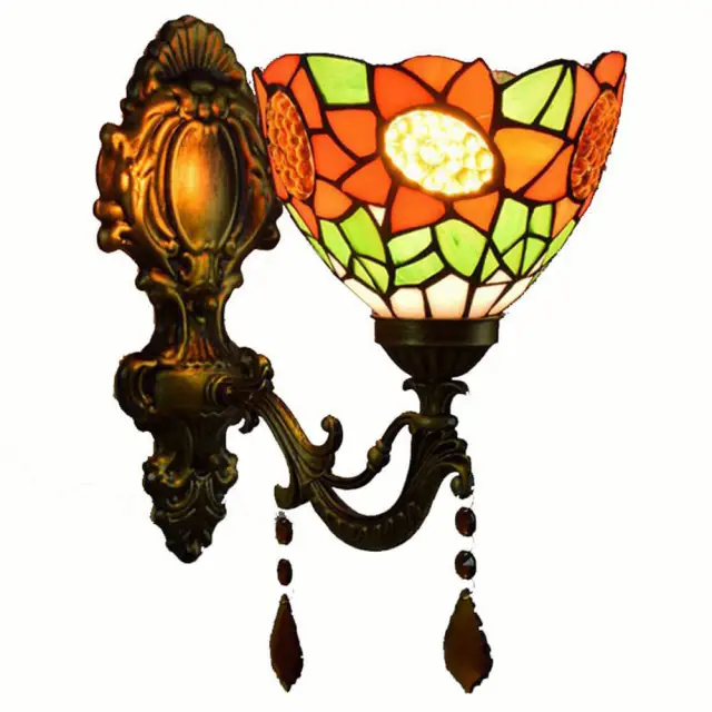 Tiffany Alloy Resin Bedroom Bedsides Wall Lamp Mediterranean Colorful Glass Lampshade Stair Case Tawny Crystal Wall Lights