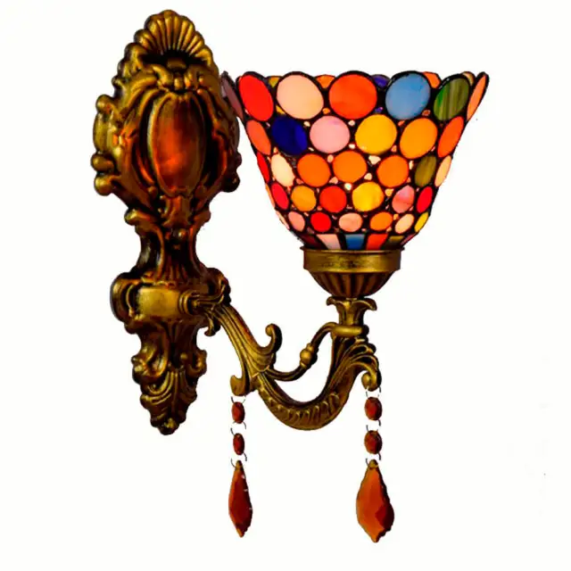 Tiffany Alloy Resin Bedroom Bedsides Wall Lamp Mediterranean Colorful Glass Lampshade Stair Case Tawny Crystal Wall Lights
