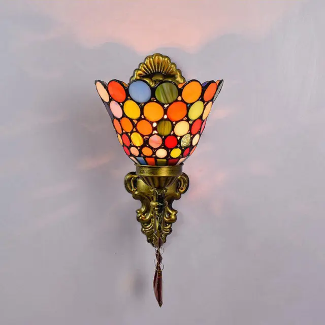 Tiffany Alloy Resin Bedroom Bedsides Wall Lamp Mediterranean Colorful Glass Lampshade Stair Case Tawny Crystal Wall Lights