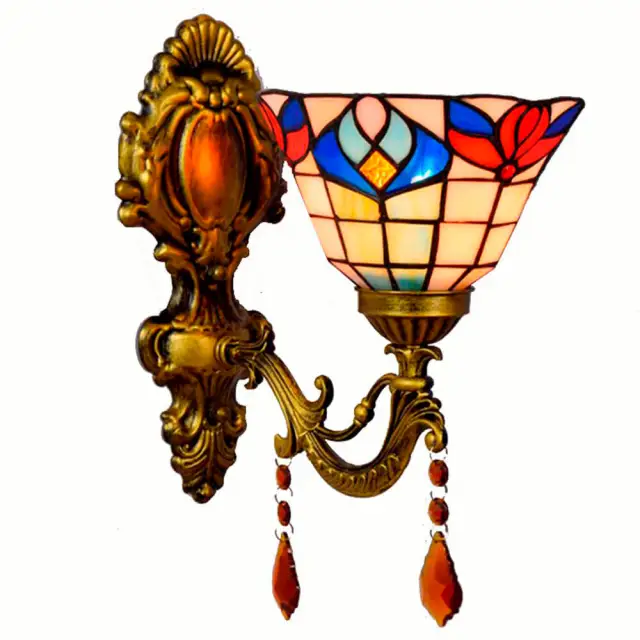 Tiffany Alloy Resin Bedroom Bedsides Wall Lamp Mediterranean Colorful Glass Lampshade Stair Case Tawny Crystal Wall Lights