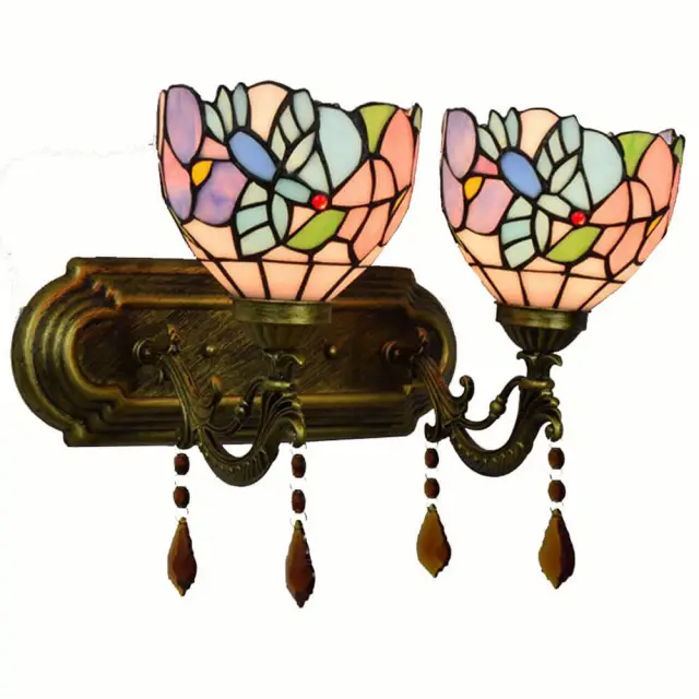 Tiffany Alloy Resin Bedroom Bedsides Wall Lamp Mediterranean Colorful Glass Lampshade Stair Case Tawny Crystal Wall Lights