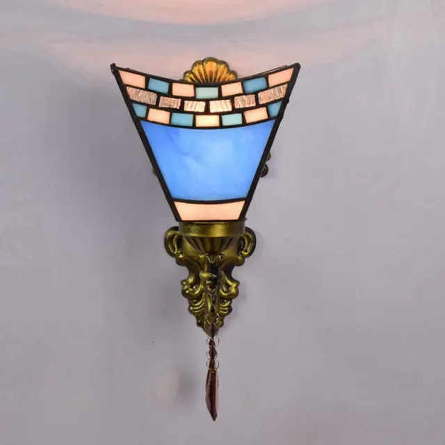 Tiffany Alloy Resin Bedroom Bedsides Wall Lamp Mediterranean Colorful Glass Lampshade Stair Case Tawny Crystal Wall Lights