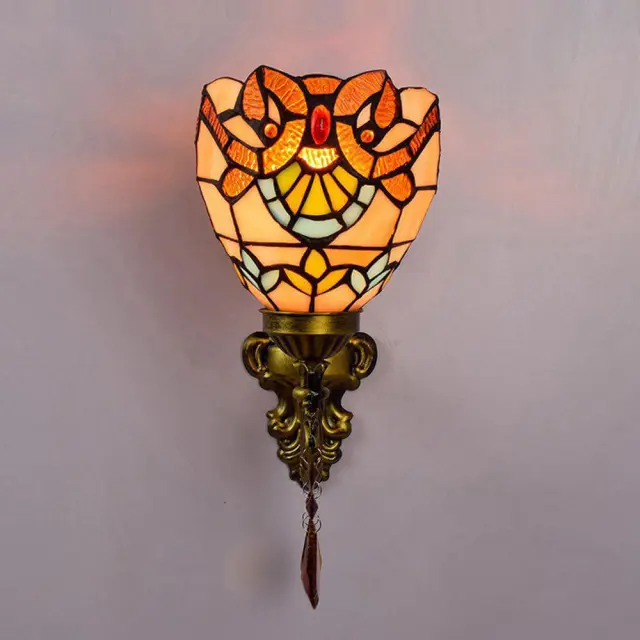 Tiffany Alloy Resin Bedroom Bedsides Wall Lamp Mediterranean Colorful Glass Lampshade Stair Case Tawny Crystal Wall Lights