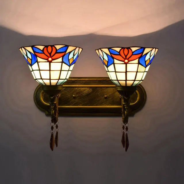 Tiffany Alloy Resin Bedroom Bedsides Wall Lamp Mediterranean Colorful Glass Lampshade Stair Case Tawny Crystal Wall Lights