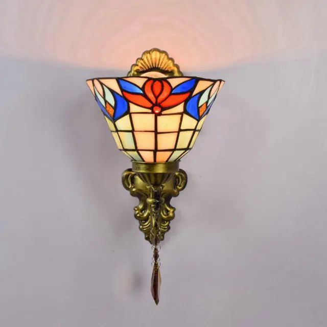 Tiffany Alloy Resin Bedroom Bedsides Wall Lamp Mediterranean Colorful Glass Lampshade Stair Case Tawny Crystal Wall Lights