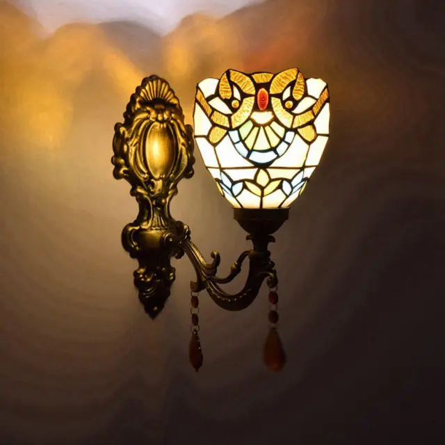 Tiffany Alloy Resin Bedroom Bedsides Wall Lamp Mediterranean Colorful Glass Lampshade Stair Case Tawny Crystal Wall Lights