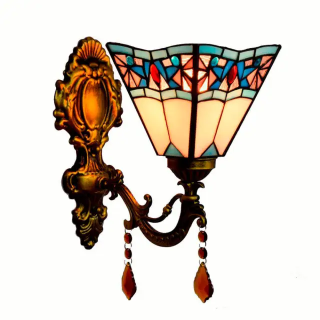 Tiffany Alloy Resin Bedroom Bedsides Wall Lamp Mediterranean Colorful Glass Lampshade Stair Case Tawny Crystal Wall Lights