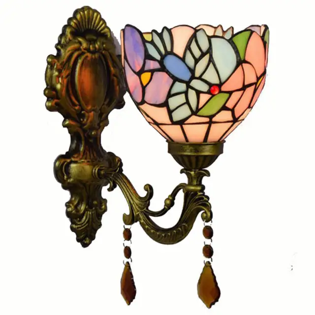 Tiffany Alloy Resin Bedroom Bedsides Wall Lamp Mediterranean Colorful Glass Lampshade Stair Case Tawny Crystal Wall Lights