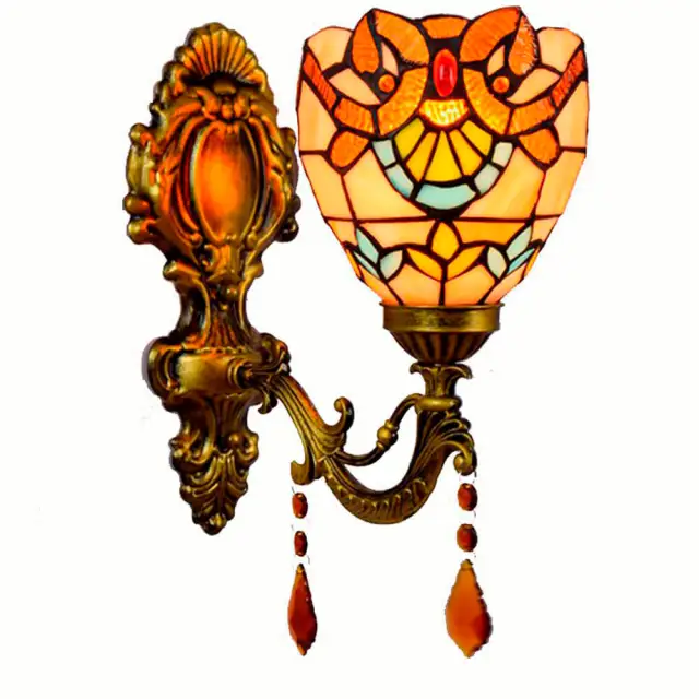 Tiffany Alloy Resin Bedroom Bedsides Wall Lamp Mediterranean Colorful Glass Lampshade Stair Case Tawny Crystal Wall Lights