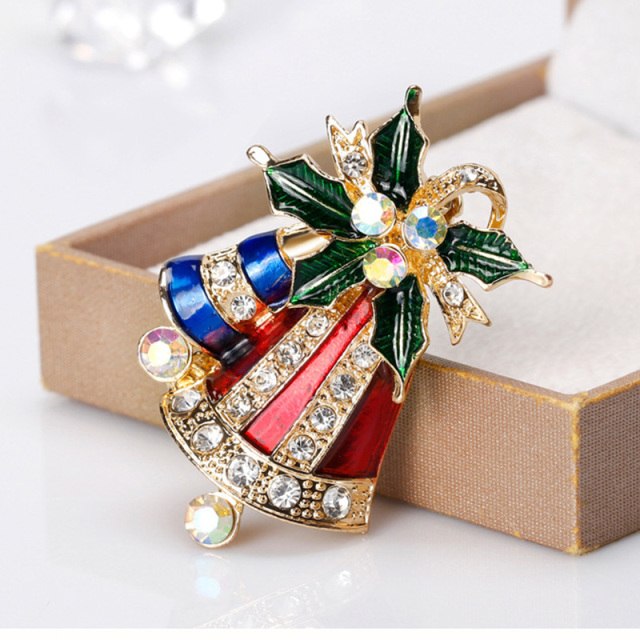 OOVOV Vintage Bell Brooches For Women Christmas Sparkling Inlaid Zircon Bow Christmas Brooch Pin Jewelry