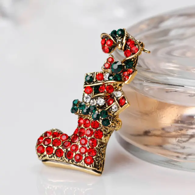 OOVOV Vintage Christmas Brooches Women Sparkling Zircon Christmas Boots Brooch Classic Christmas Jewelry Accessories