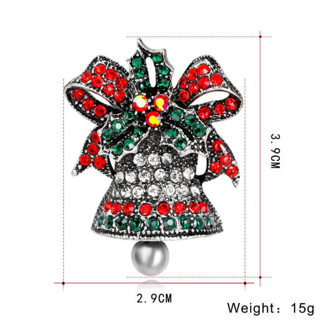OOVOV Christmas Bell Brooches For Women Vintage Sparkling Inlaid Zircon Christmas Brooch Pin Green Red Jewelry Accessories