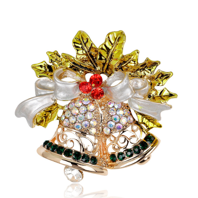 OOVOV Vintage Bell Brooches For Women Christmas Sparkling Inlaid Zircon Bow Christmas Brooch Pin Jewelry