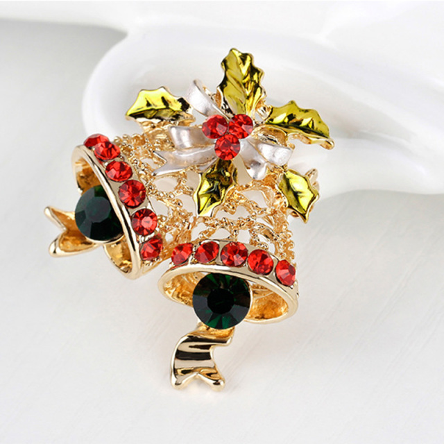 OOVOV Vintage Bell Brooches For Women Christmas Sparkling Inlaid Zircon Bow Christmas Brooch Pin Jewelry