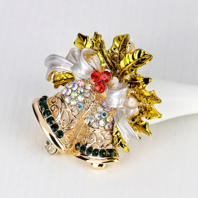 OOVOV Vintage Bell Brooches For Women Christmas Sparkling Inlaid Zircon Bow Christmas Brooch Pin Jewelry