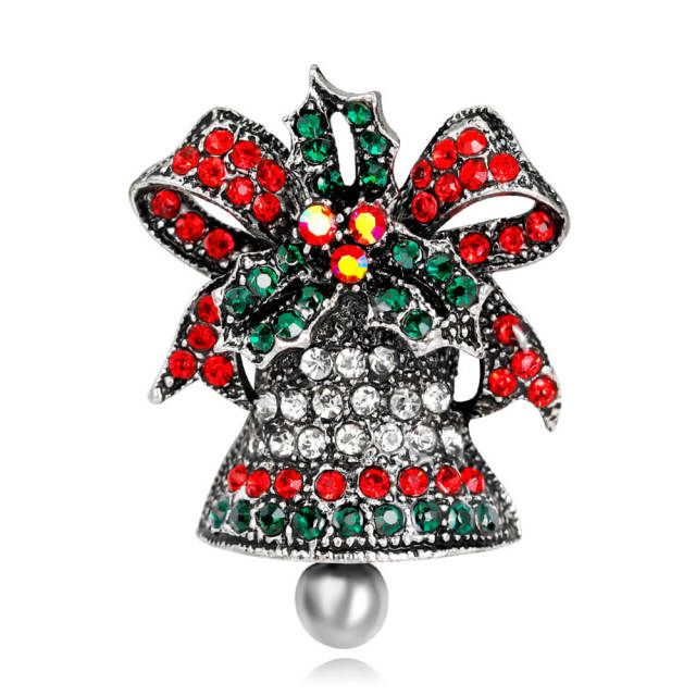 OOVOV Christmas Bell Brooches For Women Vintage Sparkling Inlaid Zircon Christmas Brooch Pin Green Red Jewelry Accessories