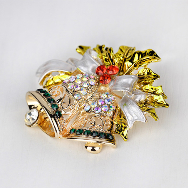 OOVOV Vintage Bell Brooches For Women Christmas Sparkling Inlaid Zircon Bow Christmas Brooch Pin Jewelry