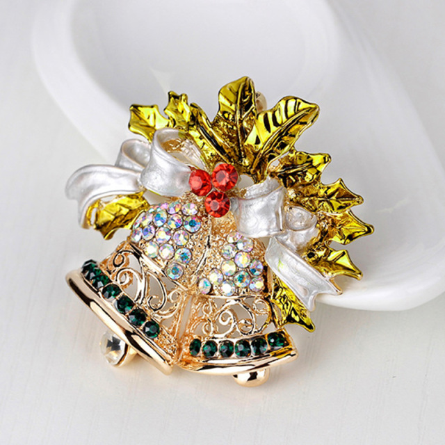 OOVOV Vintage Bell Brooches For Women Christmas Sparkling Inlaid Zircon Bow Christmas Brooch Pin Jewelry