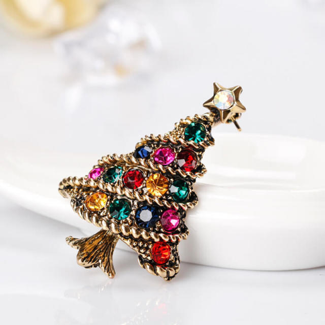 OOVOV Vintage Christmas Tree Brooches For Women Inlaid Zircon Christmas Brooch Pin Jewelry Christmas Decorations