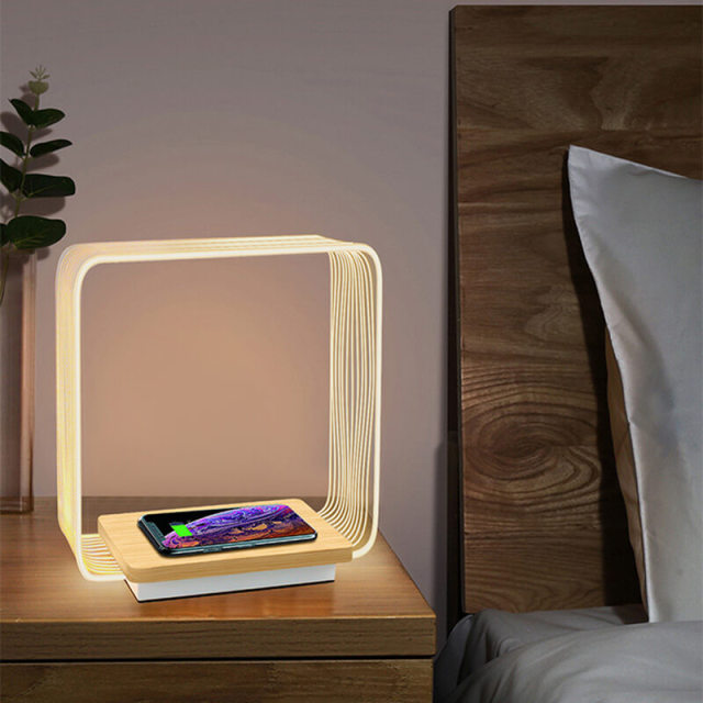 OOVOV LED Table Lamp with Wireless Charger Wood Grain Touch Control Desk Lamp 3 Brightness Levels Eye-Caring Reading Night Lights for Bedroom Living Room Home Office