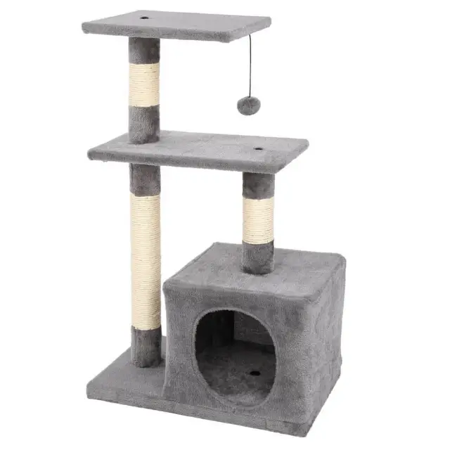 OOVOV 32&quot; Cat Tree Stand House with Scratching Posts Gray Three-layer Soft Flannel Cat Climbing Frame