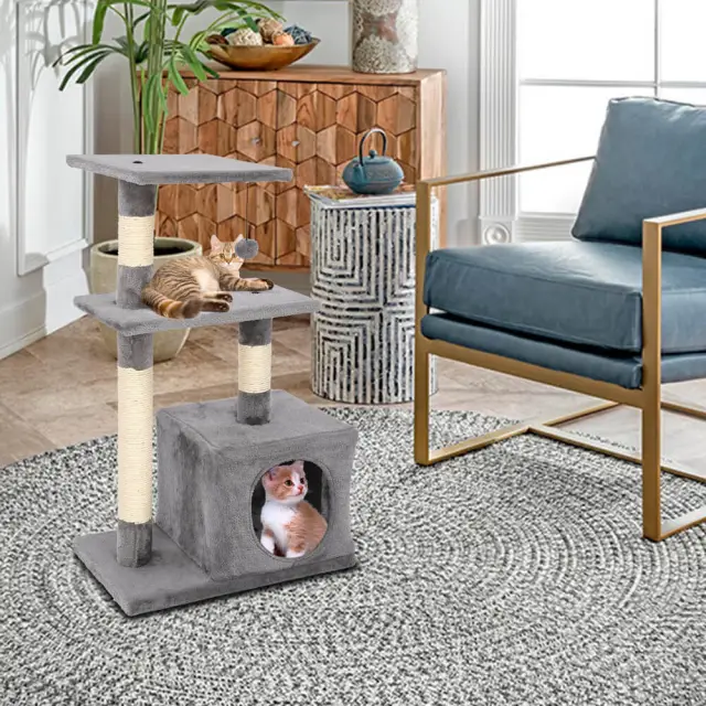 OOVOV 32&quot; Cat Tree Stand House with Scratching Posts Gray Three-layer Soft Flannel Cat Climbing Frame