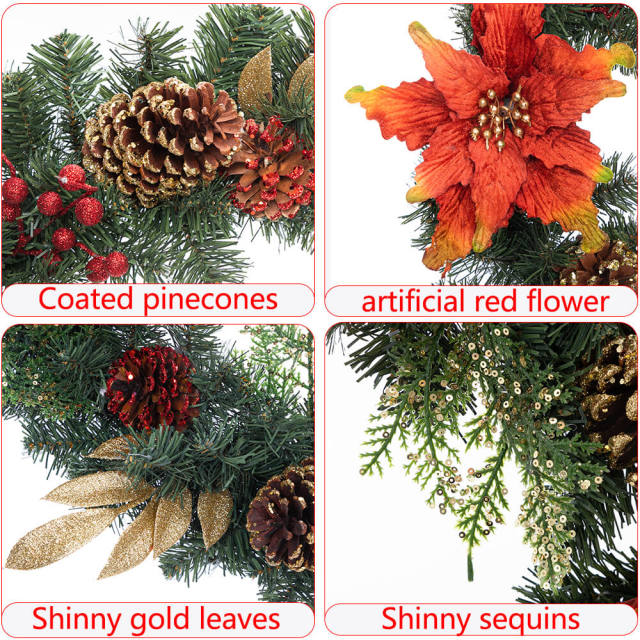 OOVOV Christmas Wreath -  23.6&quot; Artificial Christmas Holiday Decorated Wreath with Pine Cones Red Flower Gold Glitter Leaves Red Berries