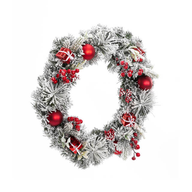 OOVOV 19.7Inch Christmas Wreath Front Door Wreath Ornament with Snow-White Effect Apple Gift Box Artificial Pine Garland for New Years Home Decor