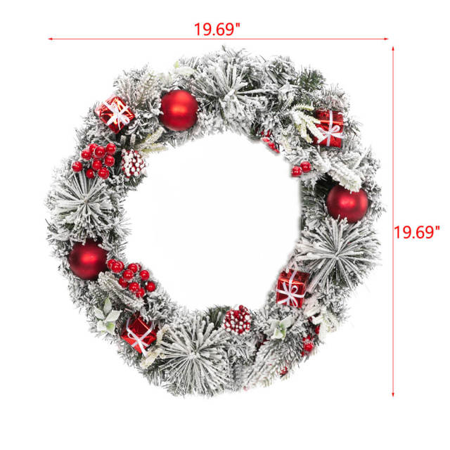 OOVOV 19.7Inch Christmas Wreath Front Door Wreath Ornament with Snow-White Effect Apple Gift Box Artificial Pine Garland for New Years Home Decor