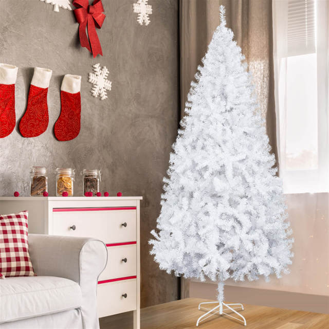 OOVOV 7ft Iron Leg White Christmas Tree with 950 Branches for Home Office Party Decoration Easy Assembly Metal Hinges &amp; Foldable Base