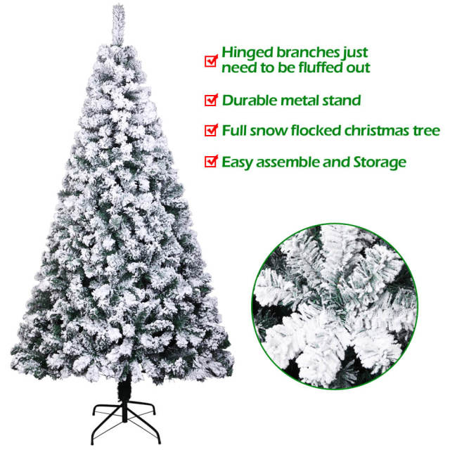 OOVOV PVC Flocking Christmas Tree 6ft/7ft Automatic Tree Flocked Artificial Christmas Tree Snowy Spruce Unlit Xmas Tree