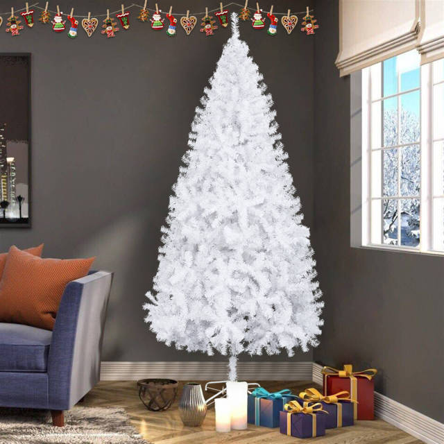 OOVOV 7ft Iron Leg White Christmas Tree with 950 Branches for Home Office Party Decoration Easy Assembly Metal Hinges &amp; Foldable Base