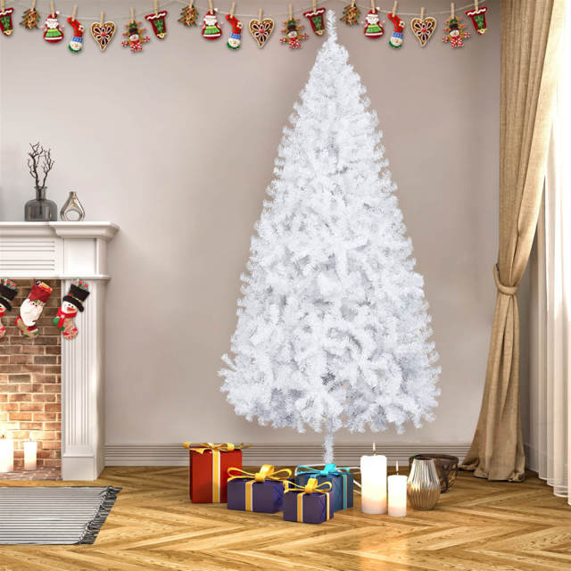 OOVOV 7ft Iron Leg White Christmas Tree with 950 Branches for Home Office Party Decoration Easy Assembly Metal Hinges &amp; Foldable Base