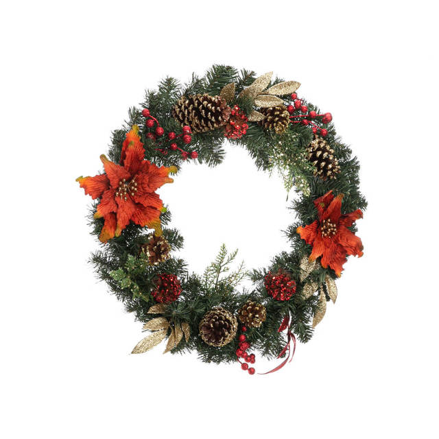 OOVOV Christmas Wreath -  23.6&quot; Artificial Christmas Holiday Decorated Wreath with Pine Cones Red Flower Gold Glitter Leaves Red Berries