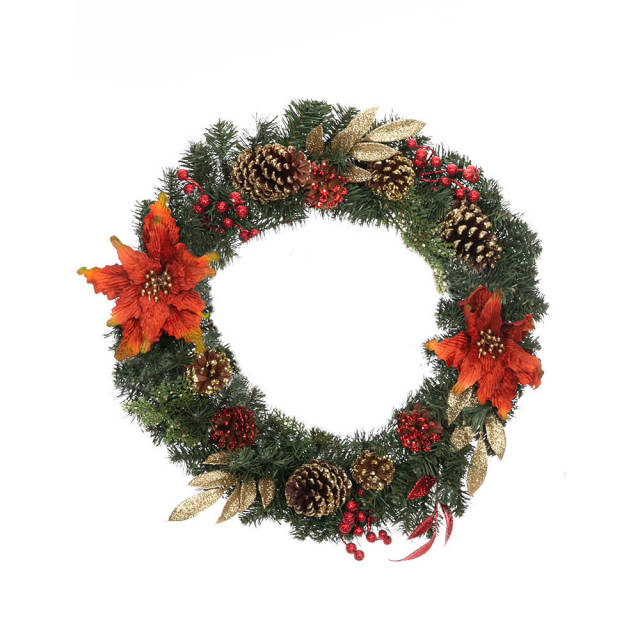 OOVOV Christmas Wreath -  23.6&quot; Artificial Christmas Holiday Decorated Wreath with Pine Cones Red Flower Gold Glitter Leaves Red Berries