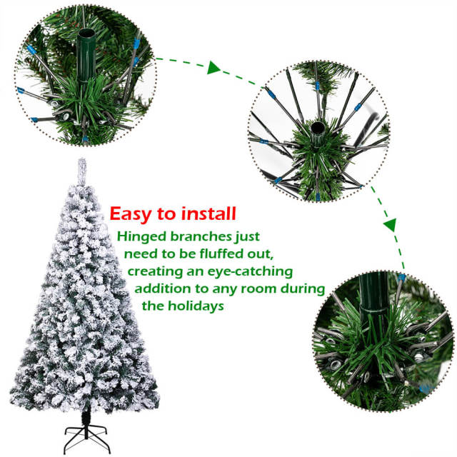 OOVOV PVC Flocking Christmas Tree 6ft/7ft Automatic Tree Flocked Artificial Christmas Tree Snowy Spruce Unlit Xmas Tree