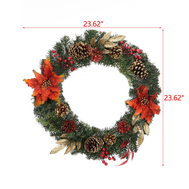 OOVOV Christmas Wreath -  23.6&quot; Artificial Christmas Holiday Decorated Wreath with Pine Cones Red Flower Gold Glitter Leaves Red Berries