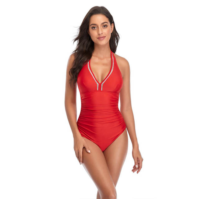 OOVOV Sexy V-neck Women One Piece Swimsuit  Solid Color Tie Up Halter Swimsuits Tummy Control Ruched Bathing Suits