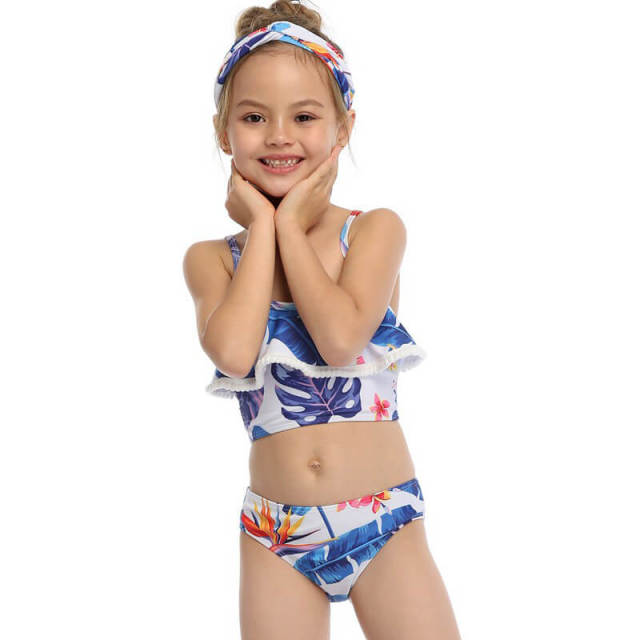 OOVOV Cute Girls Print Swimsuits,Children Ruffle Hairball Sling Two Piece Summer Beach Swimwear Bathing Suits