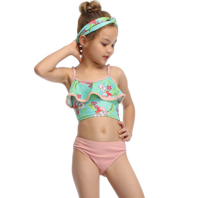 OOVOV Cute Girls Print Swimsuits,Children Ruffle Hairball Sling Two Piece Summer Beach Swimwear Bathing Suits