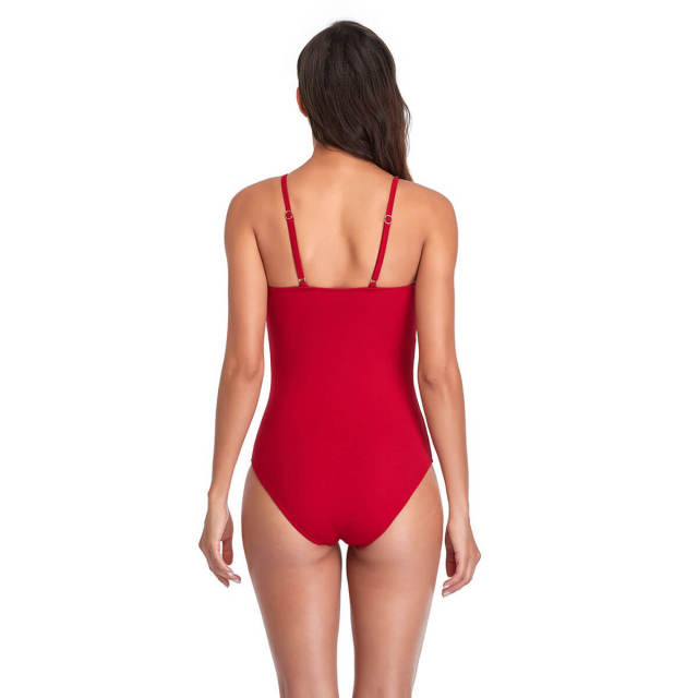 OOVOV Women's Solid Color V Neck Tie Up One Piece Swimsuit S-XXL