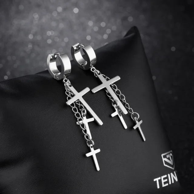 Mens Earrings Titanium Steel Cross Earrings Hip Hop Chain Earrings One Pair